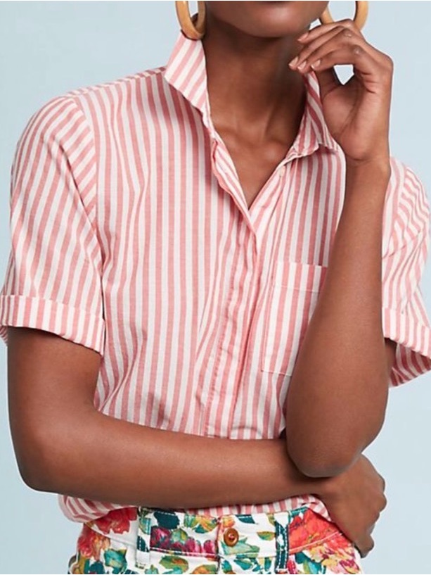 Anthropologie Isabella Sinclair Top Button Up Women’s Red White Stripes Preppy L